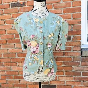Vtg Lady Carol Preppy Tapestry Design Floral Statement Blouse.